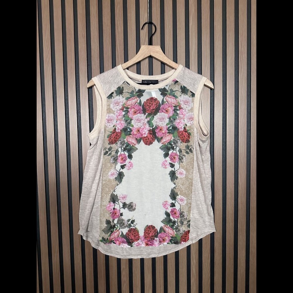 New Maddy K Top Small Womens Beige Rose Art Sleeveless Tank